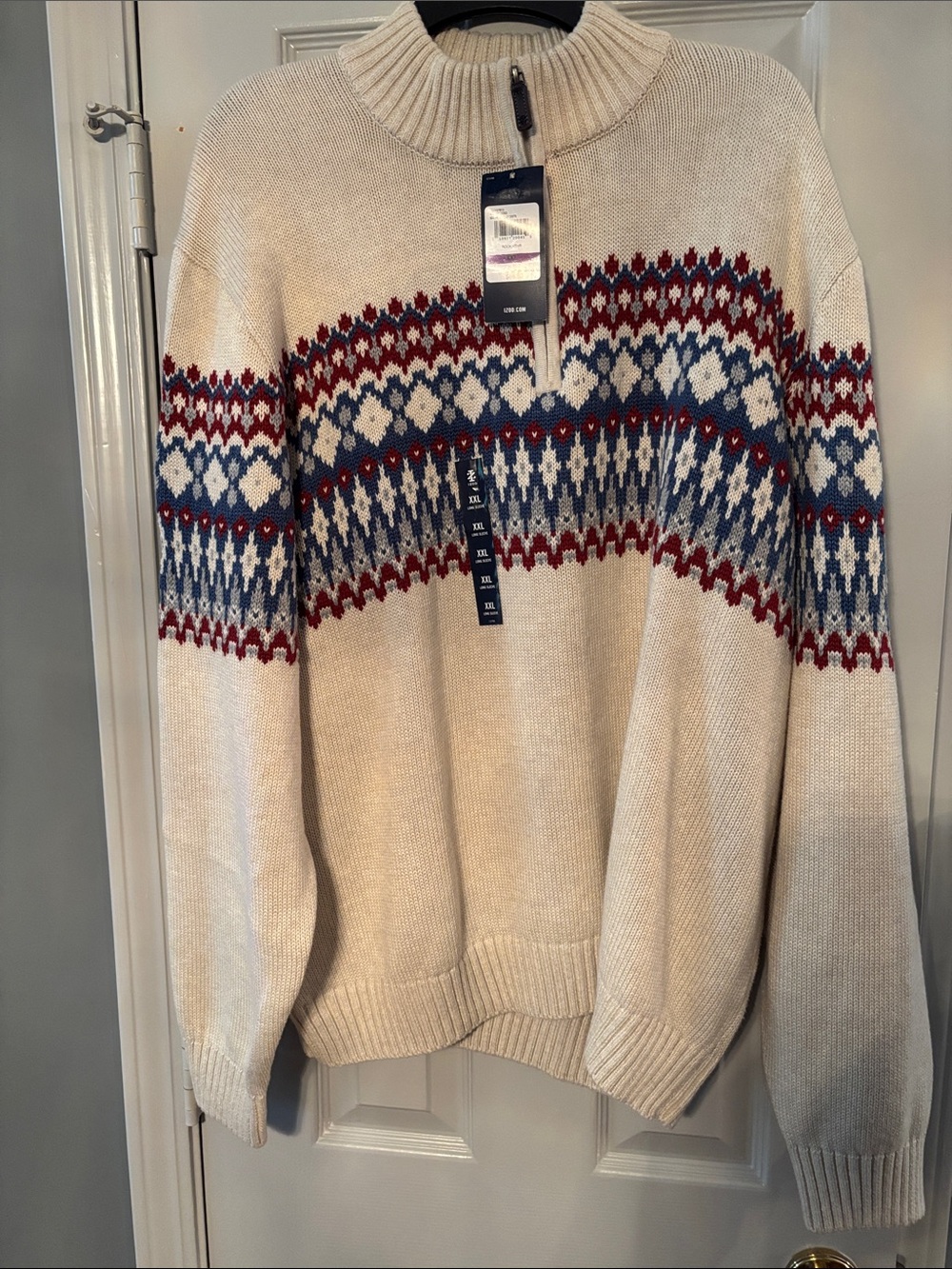 Izod Cream Fair Isle Quarter Zip Sweater with Blue and Red Pattern NWT